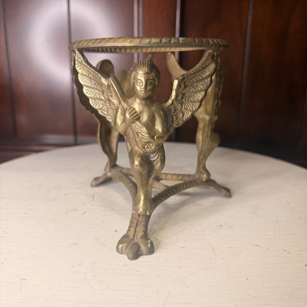 Vintage Brass Angels Cherubs Playing Instruments Vase Bowl Orb Candle Holder